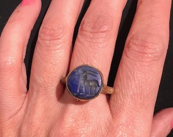 Engraved Lapis Lazuli Ring - Turkmen Kuchi Style, Size 9