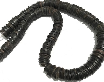 Old Ebony Wood Beads: Natural Brown Spacers, 28" Strand
