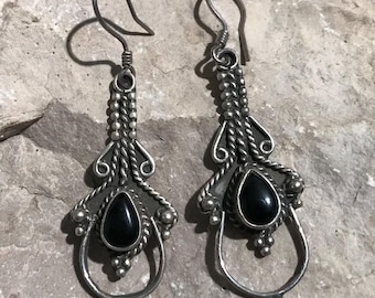 Vintage Black Onyx Teardrop Earrings: Sterling Silver Boho Dangles
