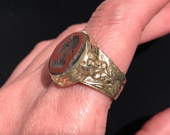 Handcrafted Afghan Tribal Ring: Engraved Red Howlite , Size 9