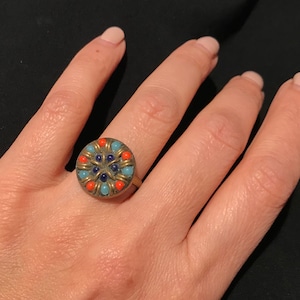 Vintage Nepal Tribal Ring: Bohemian Beaded Statement Jewelry, Size 7.5