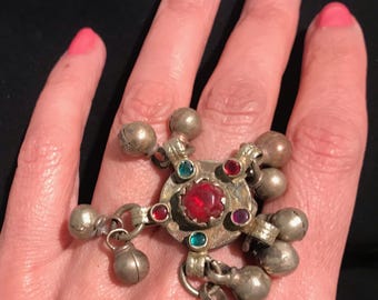 Vintage Kuchi Tribe Ring, Bohemian Metal Glass Size 10, Afghan Jewelry