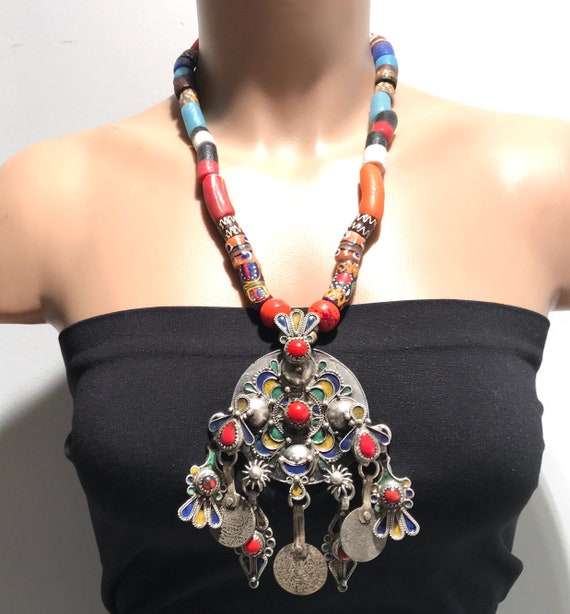 Moroccan Necklace, Berber Necklace, Moroccan Enam… - image 1