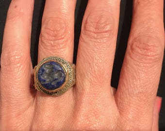 Hand Engraved Lapis Lazuli Ring, Turkmen Tribal Jewelry, Size 7.5