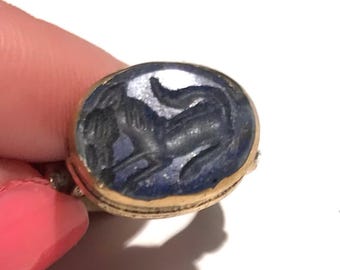 Handcrafted Engraved Lapis Ring: Turkmen Tribal Jewelry, Size 7.5