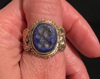 Hand Engraved Lapis Ring: Turkmen Tribal Jewelry, Size 9.5
