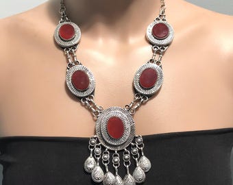 Carnelian Tribal Necklace: Afghan Silver Tone Jewelry, 24"