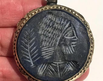 Hand Carved Lapis Lazuli Pendant: Vintage Style Tribal Necklace