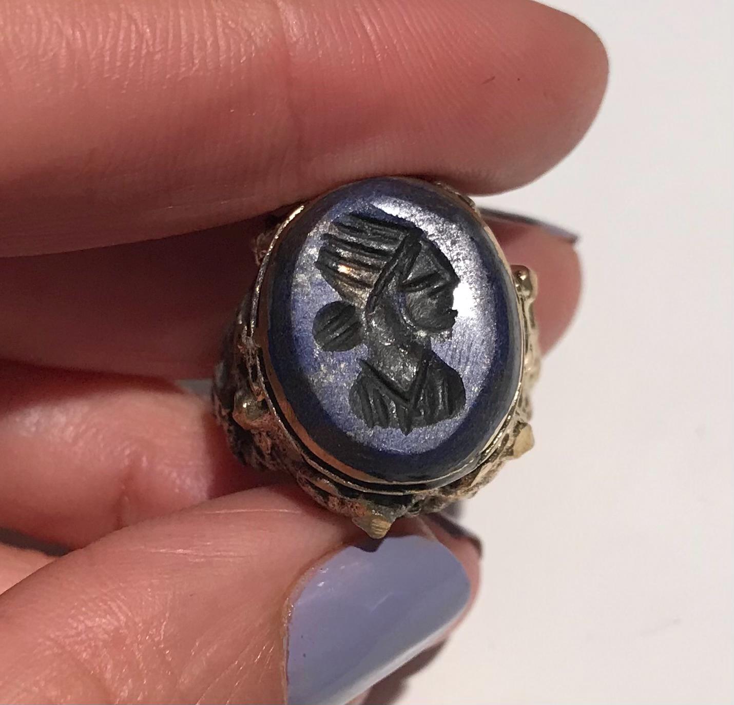 memini山羊リング Handcrafted Carved Lapis Ring: Turkmen Tribal Engraved Jewelry