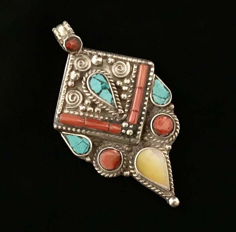 Hand pendant Coral Turquoise pendant Vintage Navajo Pendant Khamsa pendant-Hands Of Fatima Pendant Protection Pendent