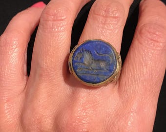 Engraved Lapis Lazuli Ring - Turkmen  Style, Size 7