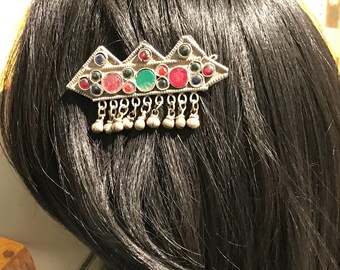 Vintage Kuchi Tribal Hair Clip: Afghan Metal & Glass Bead  display picture 1