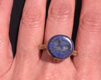 Engraved Lapis Lazuli Ring - Turkmen Style, Size 9