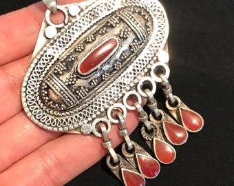 Afghan Carnelian Pendant Necklace: Tribal Turkman Jewelry