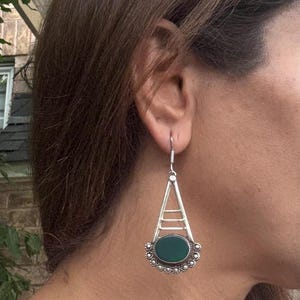 Green Onyx Earrings , Vintage Onyx Earrings , Sterling Silver Earrings, gift for woman , Green Stone Earrings, Natural green onyx