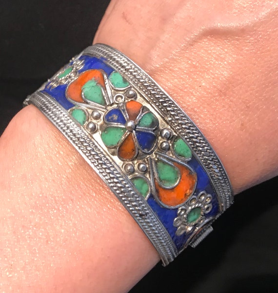 Bracelet Ancien En Argent émaillé Bleu Avec Gravures - Occasion, Style Jonc, Très Bel état