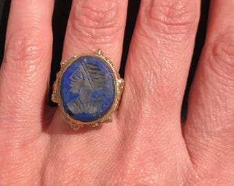 Handcrafted Engraved Lapis Ring: Turkmen Tribal Jewelry, Size 9.5