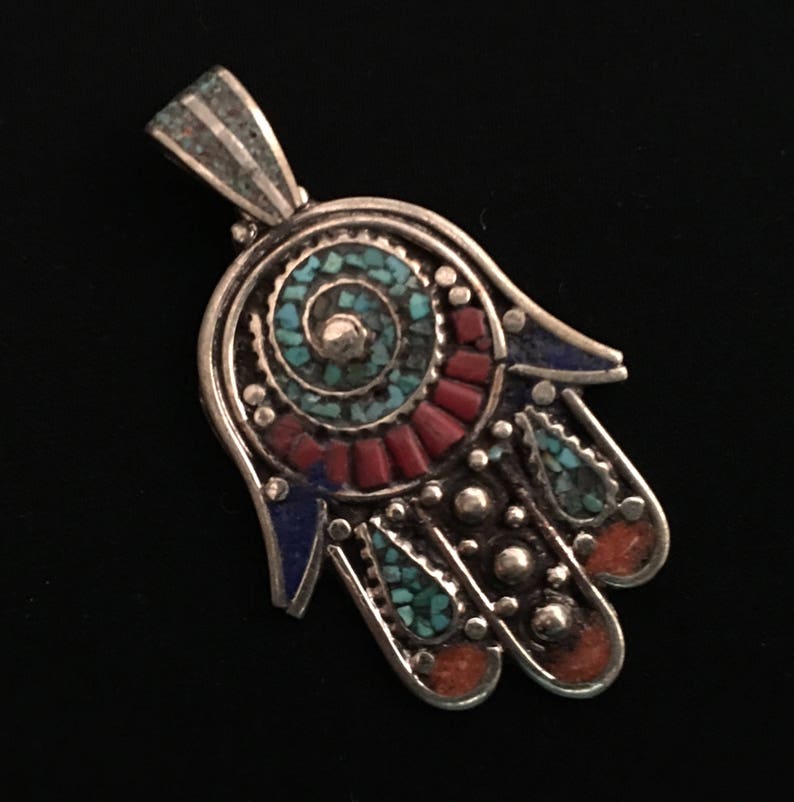 Hand pendant Coral Turquoise pendant Vintage Navajo Pendant Khamsa pendant-Hands Of Fatima Pendant Protection Pendent