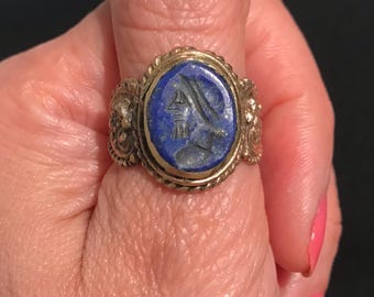 Hand Engraved Lapis Lazuli Ring: Turkmen Tribal Jewelry, Size 9.5