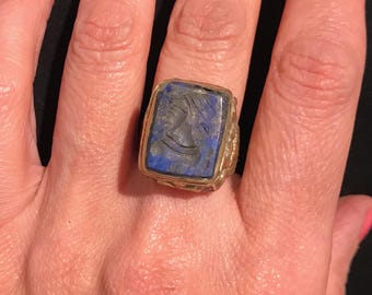 Handcrafted Lapis Lazuli Ring: Engraved Turkmen Tribal Brass, Size 7.5