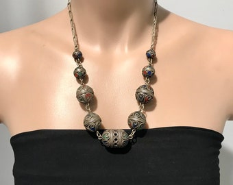 Vintage Enamelled Berber Necklace: Moroccan Tribal Jewelry (23”)