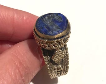 Engraved Lapis Lazuli Ring - Turkmen  Style, Size 9