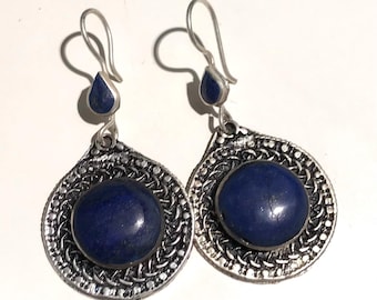 Tribal Lapis Lazuli Earrings: Turkmen Handmade Boho Chic Jewelry