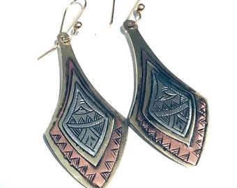 Hand-Carved Mixed Metal Earrings: Berber Tribal Jewelry