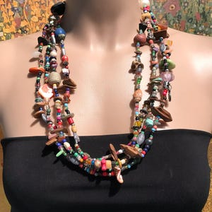 Vintage Berber Necklace: Handmade Glass Beads, Shell, Tarnished Silver