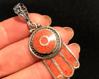 Good Luck  pendant-Hands Of Fatima Pendant-Vintage Pendant Statement Jewelry - Tribal ethnic Turquoise Jewelry-Hand pendant
