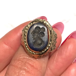 Engraved Lapis Ring ,Size 7.5 Handcrafted Turkmen Tribal Ring – Unique Engraved Stone Jewelry, Ethnic Statement Piece
