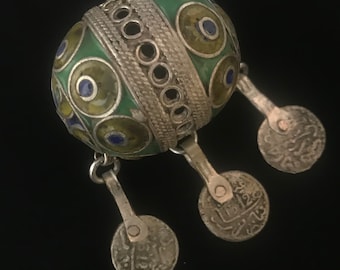 Moroccan Enamel Bead: Berber Tribal Jewelry, Tarnished Silver (33x62mm)
