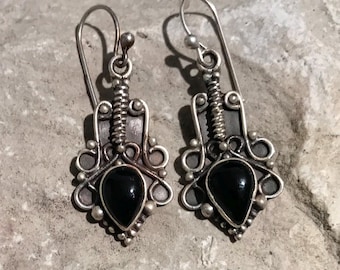 Black Onyx Teardrop Earrings: Sterling Silver Vintage Boho