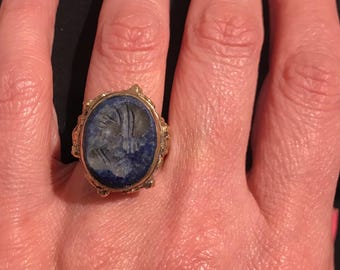 Hand Engraved Lapis Lazuli Ring, Turkmen Tribal Jewelry, Size 7