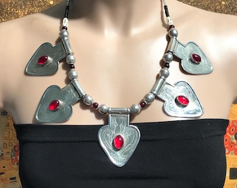 Turkmen Pendant Necklace: Handcrafted Metal & Glass Bead Jewelry