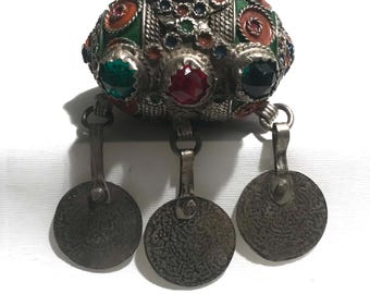 Moroccan Enamel Berber Bead, Tribal Silver Jewelry Component (38x77mm)