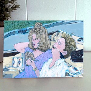 May include: A painting of a couple in a car. The woman is wearing a purple dress and has blonde hair. The man is wearing a white shirt and has brown hair. They are both looking at each other. There are cans of beer in the car.