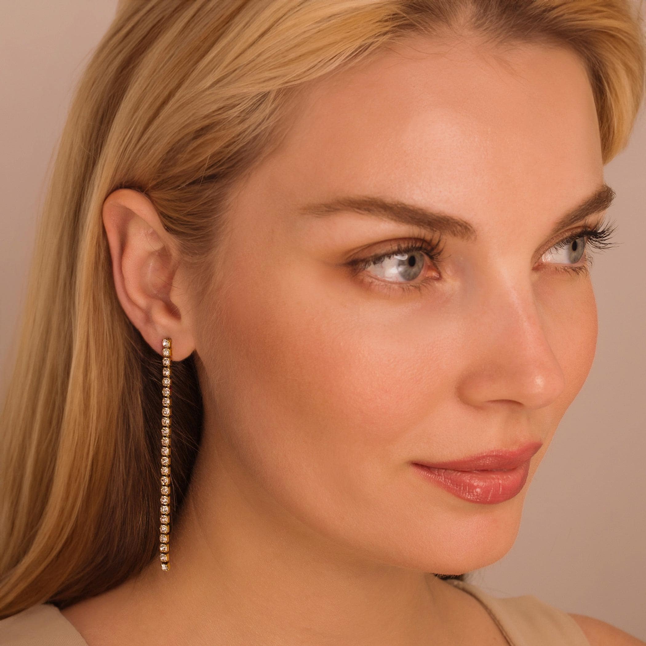 Tennis Earrings • Statement Dangle CZ Diamonds Stud Earring in 18K Gold Plated Stainless Steel • Trendy Long Chain Earrings