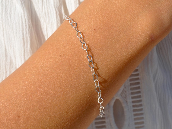 Heart Bracelet, Dainty Sterling Silver Heart Link Chain Bracelet