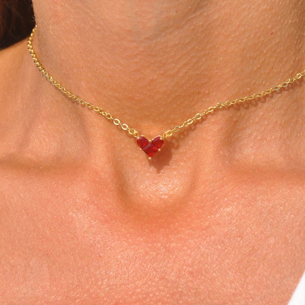 Red Heart Choker - Small CZ Red Heart Choker Necklace - Red and Gold Heart Choker - Choker with Red CZ Heart - Red Heart Jewelry