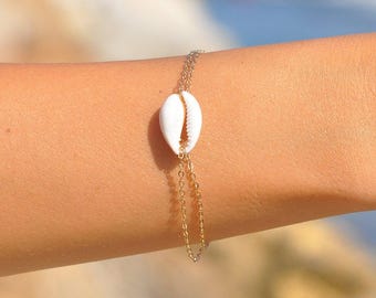 Layered Cowrie Shell Bracelet - Double Chain Cowrie Shell Bracelet - Natural Sea Shell Bracelet - Under the Sea - Dual Chain Shell Bracelet