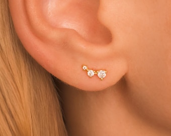 Dainty Climber Stud Earrings • Trio CZ Cartilage Stud Earrings • Gold Vermeil or Sterling Silver • Delicate Bridal Earrings