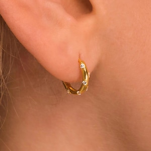Dainty CZ Diamond Huggie Hoop Earrings • 18K Gold Vermeil or Sterling Silver