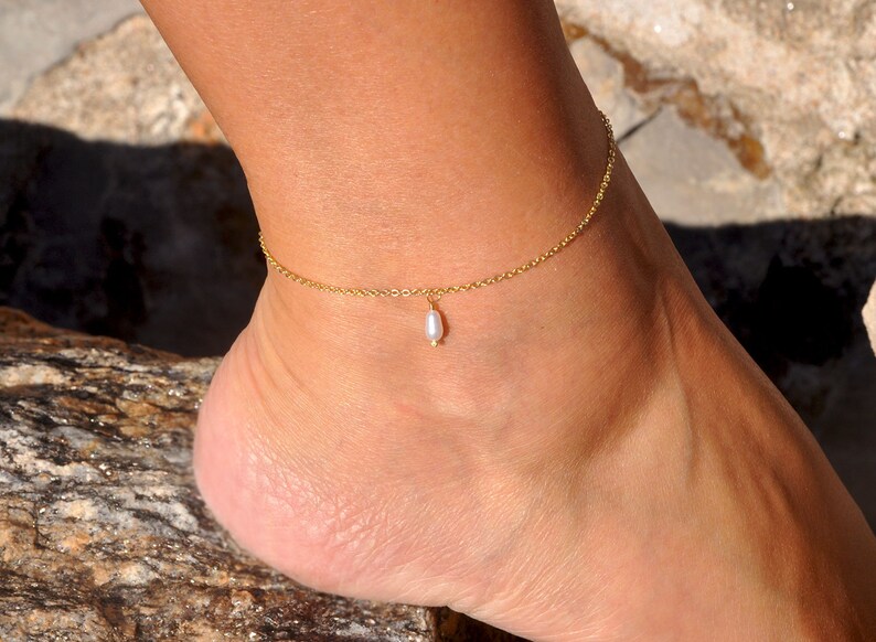 Dainty Anklet Personalized Freshwater Oval Pearl Ankle Bracelet for Women Tiny Pearl Drop Anklet Bridesmaid Gift Gift for Her TPOA-593