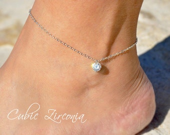 Cubic Zirconia Anklet in Sterling Silver Gold and Rose Gold Fill by SeaSideMotifs | Personalize Your CZ Diamond Ankle Bracelet as a Gift