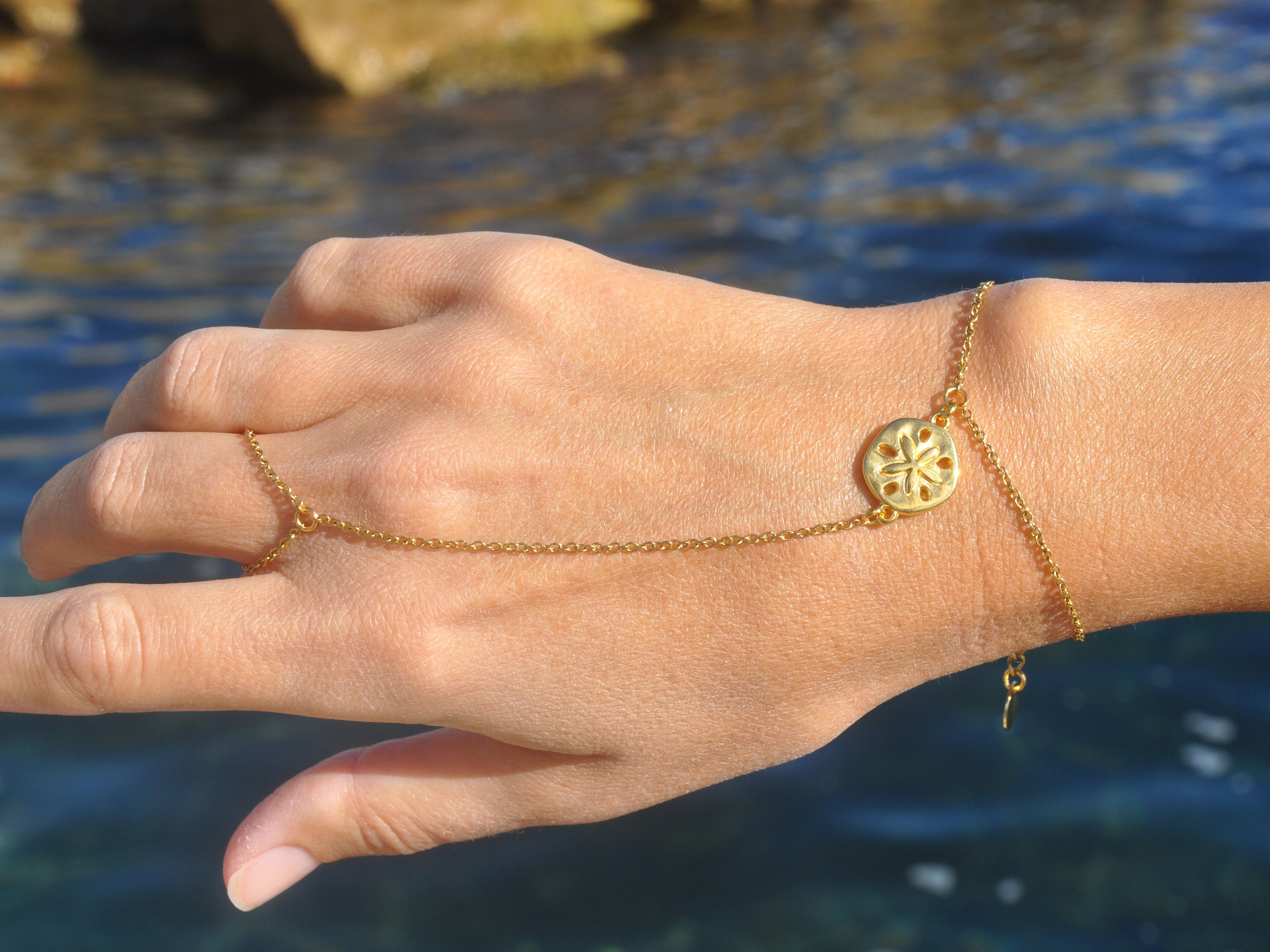 Sand Dollar Hand Chain Bracelet in Gold 