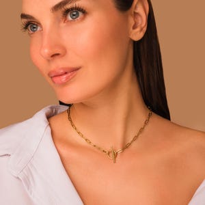 Toggle Paperclip Necklace, T Bar Clasp Link Chain Necklace in Gold or Silver Stainless Steel, Waterproof & Tarnish Resistant Necklace