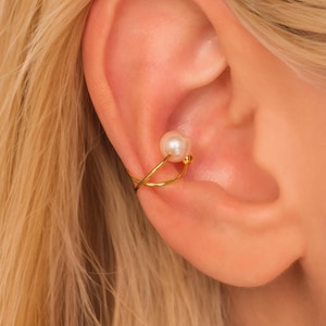 Dainty Pearl Conch Ear Cuff Earring • No Piercing Required • Earlobe Bridal Cuff • Gold Vermeil or Sterling Silver