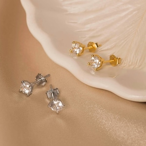 Small Diamond Stud Earrings, 4mm Dainty CZ Diamond Studs in Sterling Silver or 18K Gold by Sea Side Motifs, Minimalist Crystal Stud Earrings