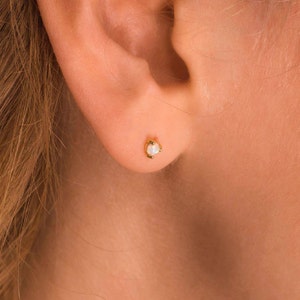Opal Stud Earrings, 4mm Dainty Opal Studs in 18K Gold Sterling Silver by Sea Side Motifs, Minimalist Crystal Stud Earrings